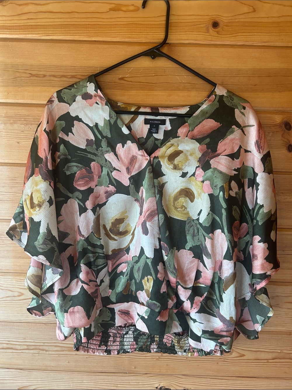 Halogen Olive Floral V-Neck Flutter Blouse - Pink, Cream & Green